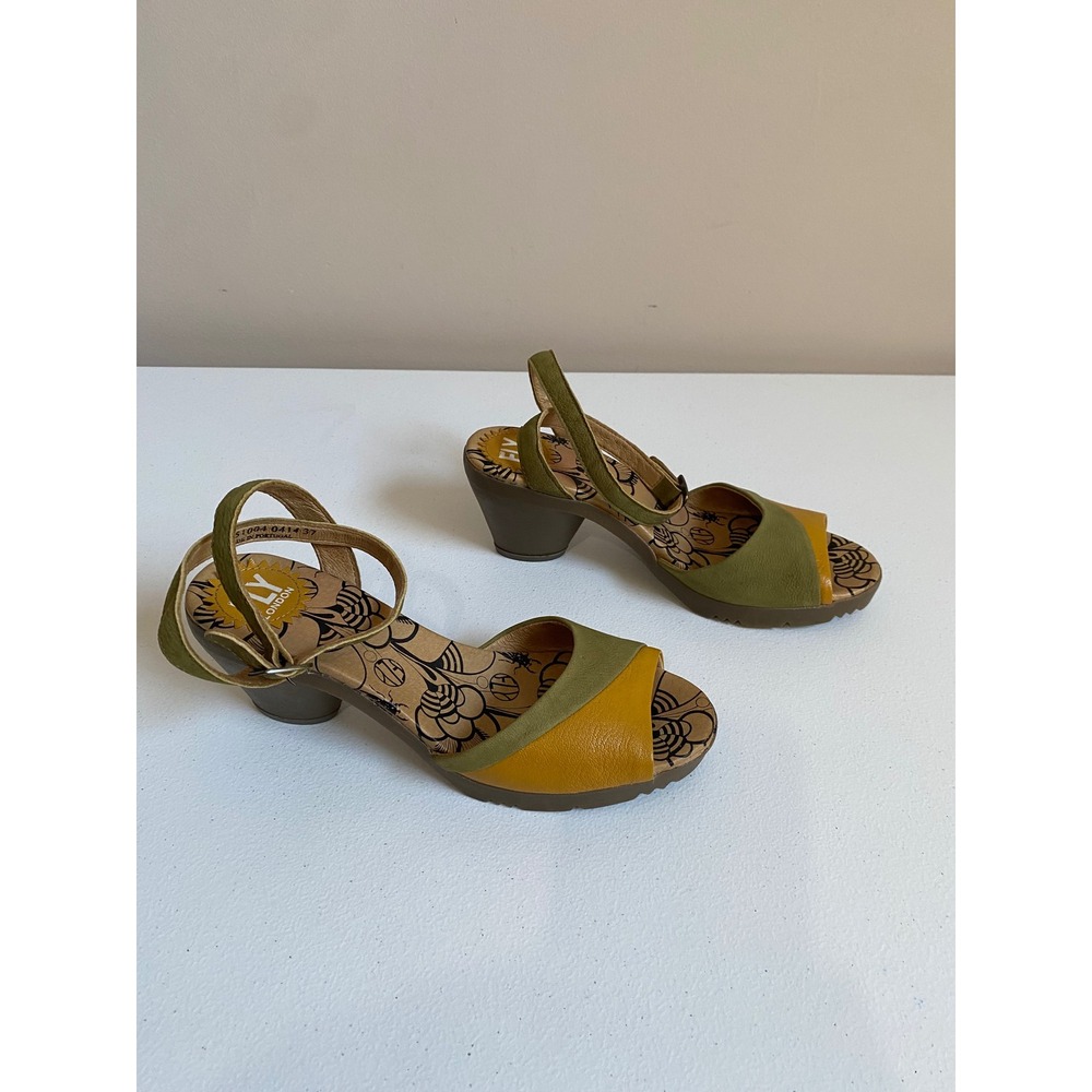 FLY‎ LONDON Women Olive Green Mustard Yellow Leather Cone Heeled Sandals 37